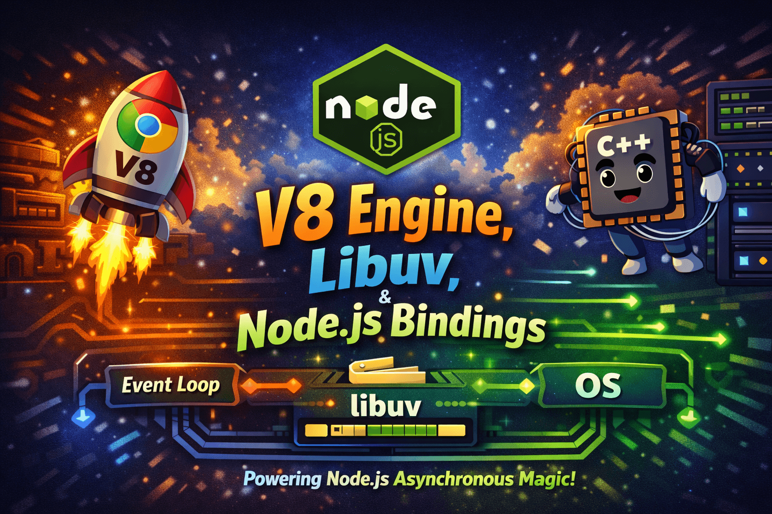 Node.js Architecture : V8 engine, Libuv, Node.js Binding (c++) Bridge